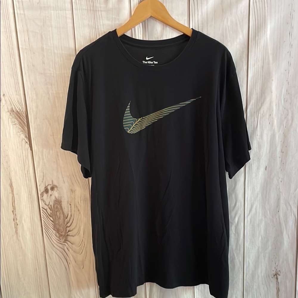 Nike Men's Black Short Sleeve Tee Shirt Blue Gold Swish Logo XXL Dry-Fit 2XL